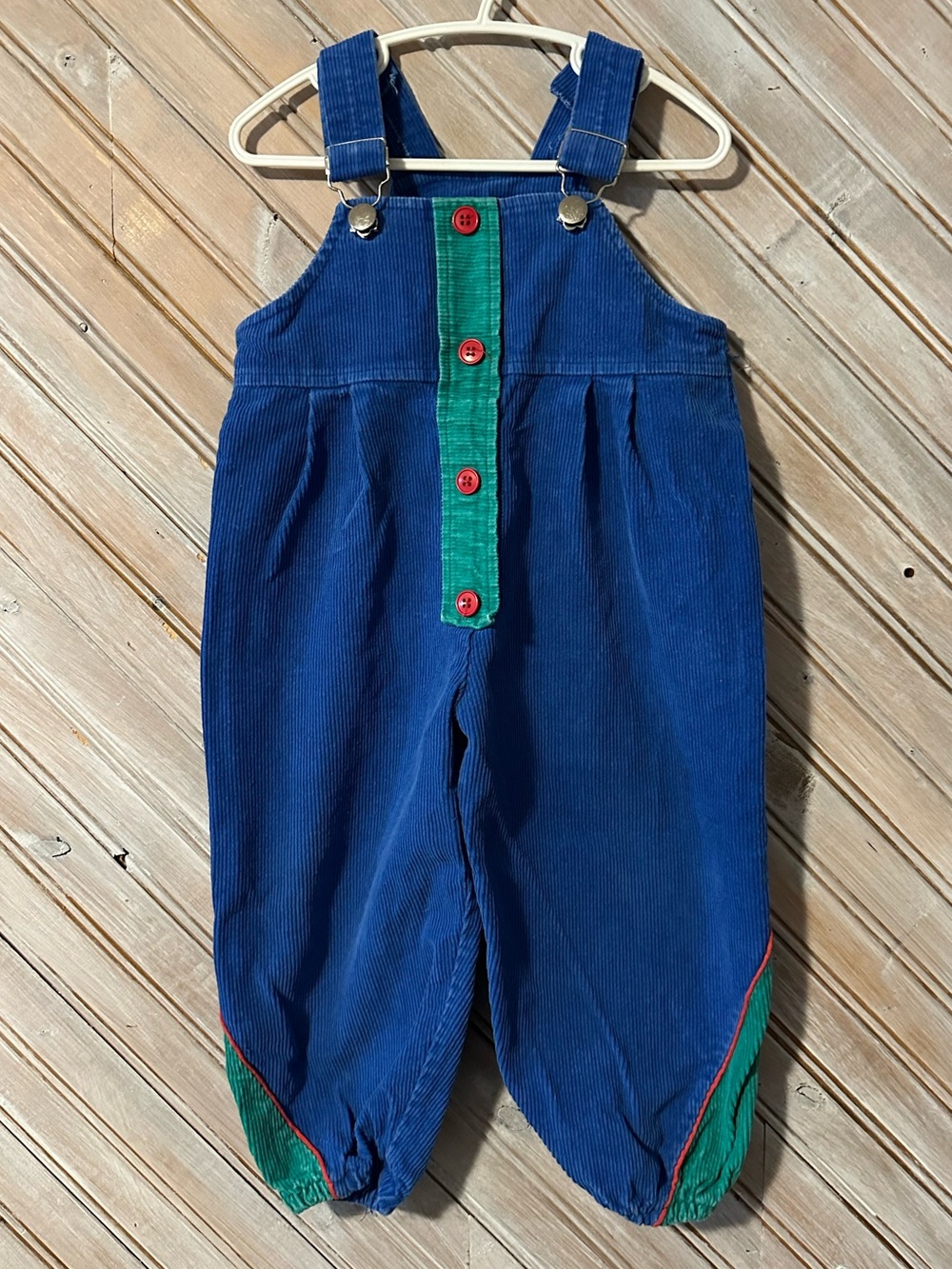 Express Retro Blue Corduroy Overalls with Green Trim and Red Buttons Vintage